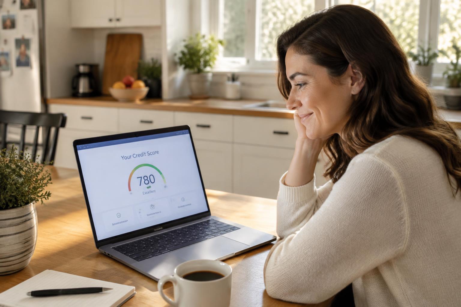 Woman checking her improved credit score at home